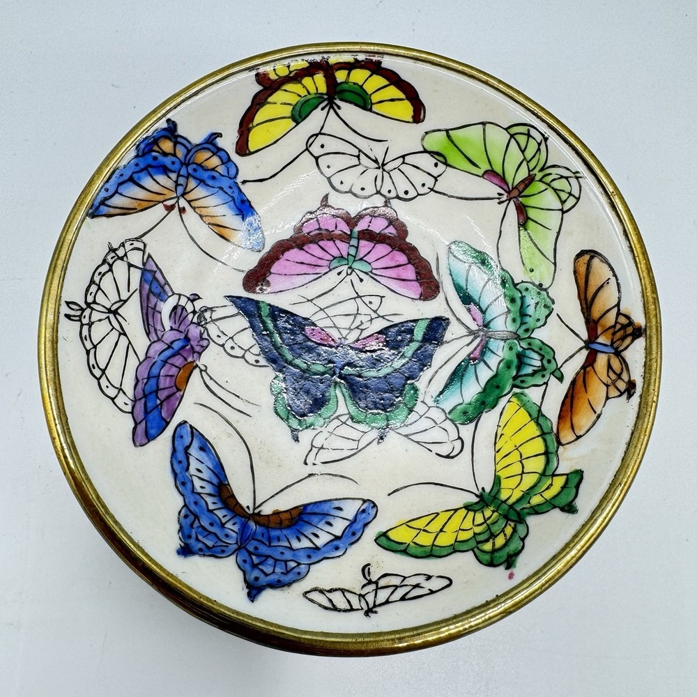 4" Vtg Brass Over Porcelain BUTTERFLY Small Bowl Trinket Ring Dish China